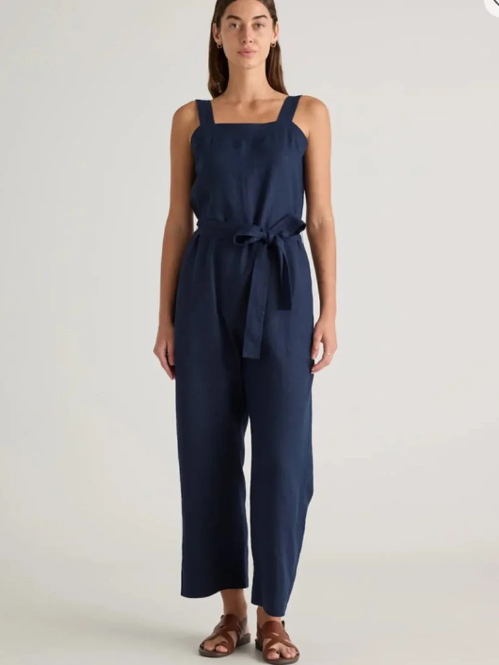 Quince European Linen Square Neck Jumpsuit Deep Navy Size S New With Tags